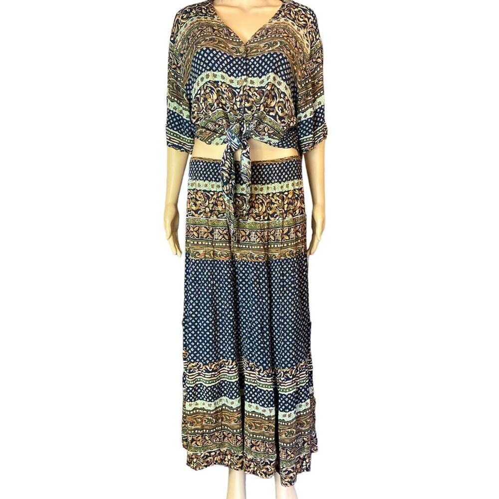 Boho 2 Pc Long Skirt Set Black & Brown Size Large Women’s